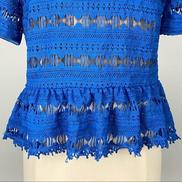 Tracy Reese Womens Blue Lace Short Sleeve Tee Top Scoop Back Flounce Hem size M - Picture 5 of 13